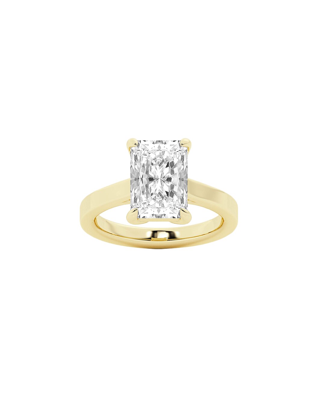 Gold ring with a large radiant cut diamond on a white background