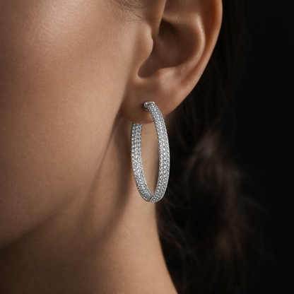 Leveta 4 Carats Triple Row Lab Grown Round Diamond Inside Out Hoop Earrings in 14k White Gold On Ear