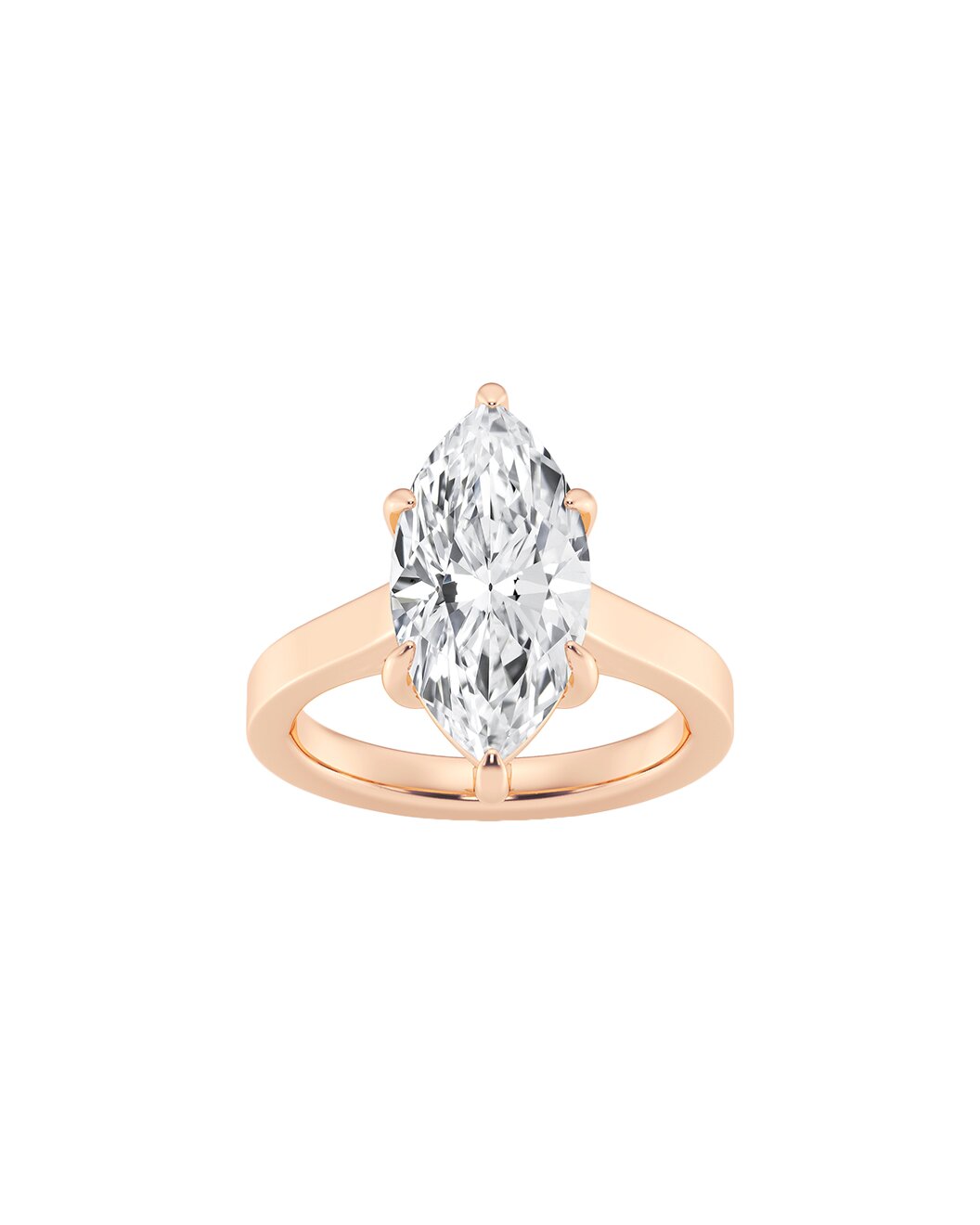 Rose gold ring with a pear-shaped diamond on a white background