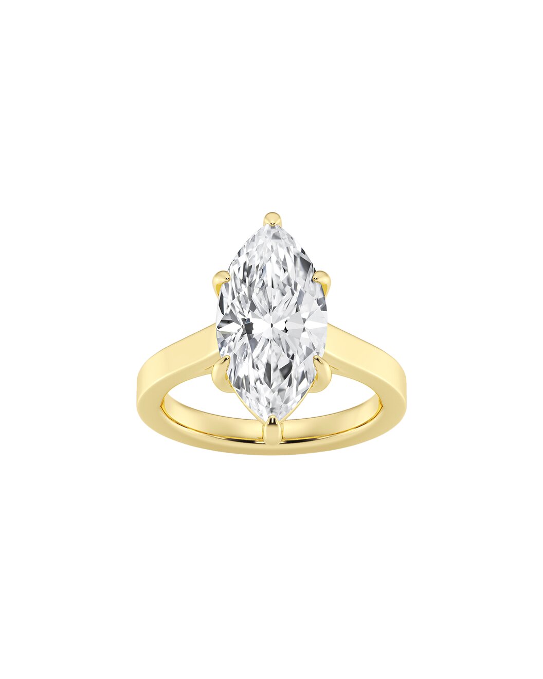 Gold ring with a marquise-shaped diamond on a white background