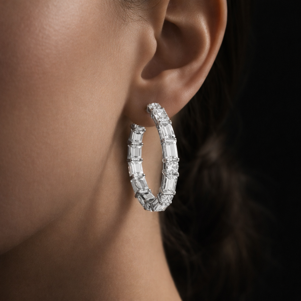 Lexy 12 Carats Lab Grown Round & Emerald Cut Diamond Inside Out Hoop Earrings in 14k White Gold On Ear