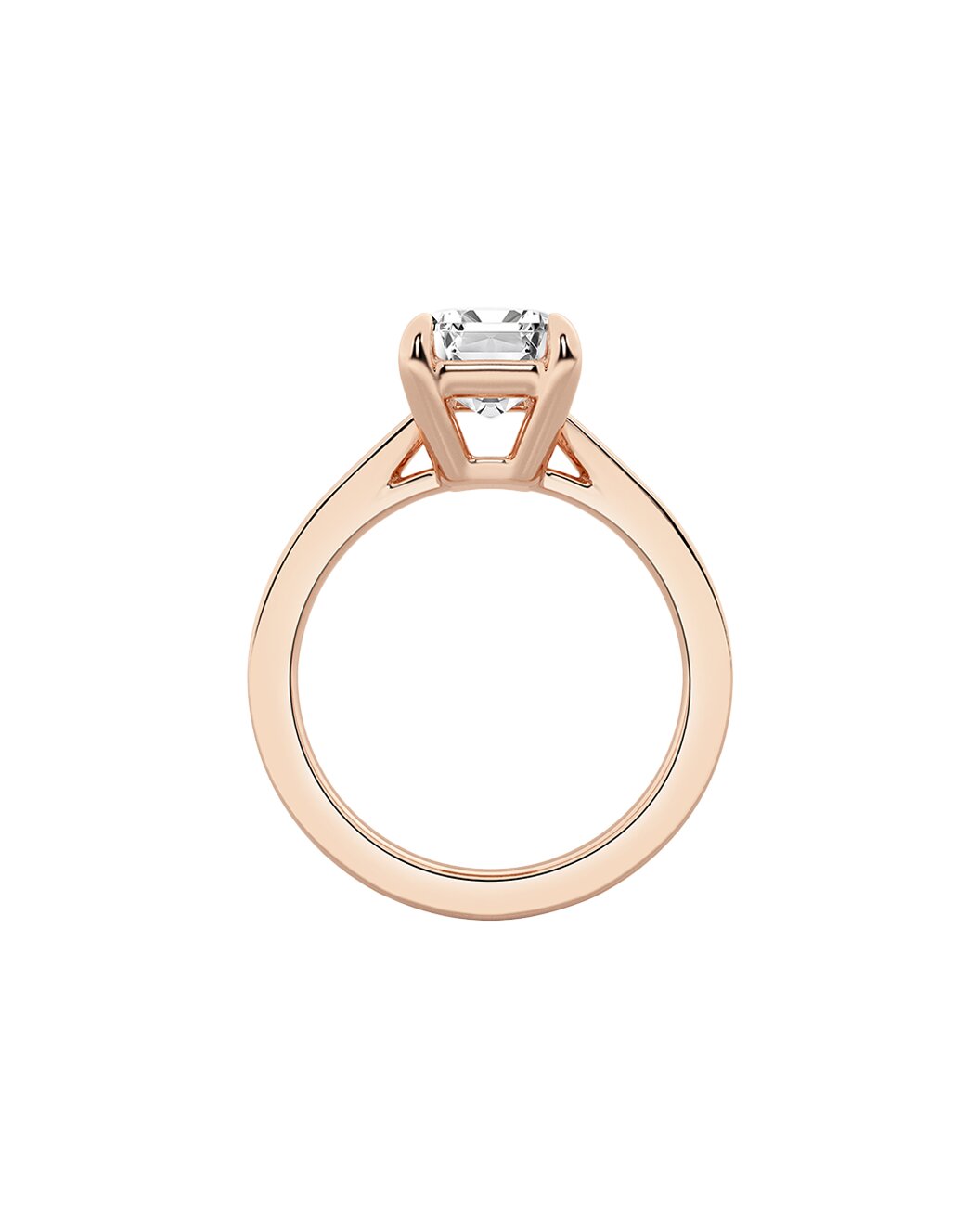 Rose gold ring with a diamond on a white background