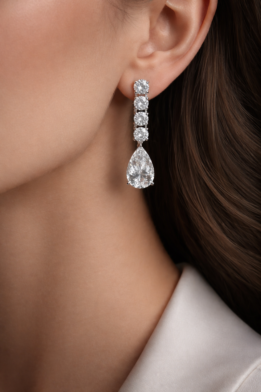 Lidia 3 Carats Pear & Round Lab Grown Diamond Drop Earrings in 18K White Gold
