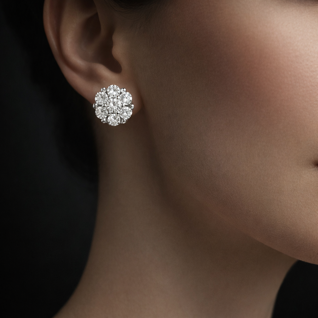 Lidie 4 Carats Lab Grown Round Cluster Diamond Stud Earrings in 14K White Gold