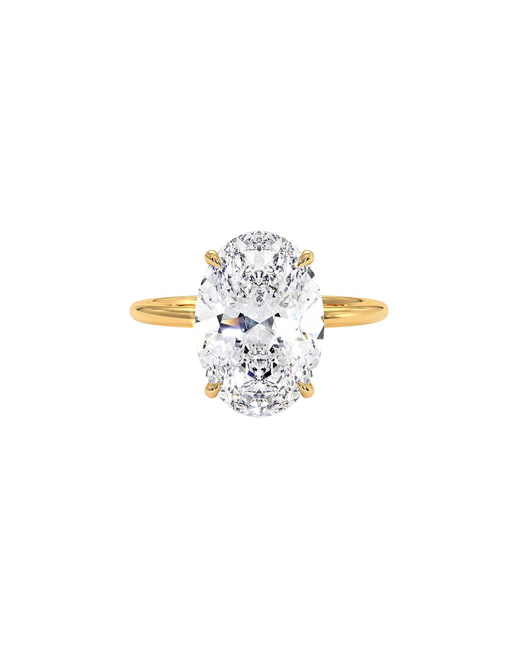 Yellow gold ring with a large oval diamond on a white background