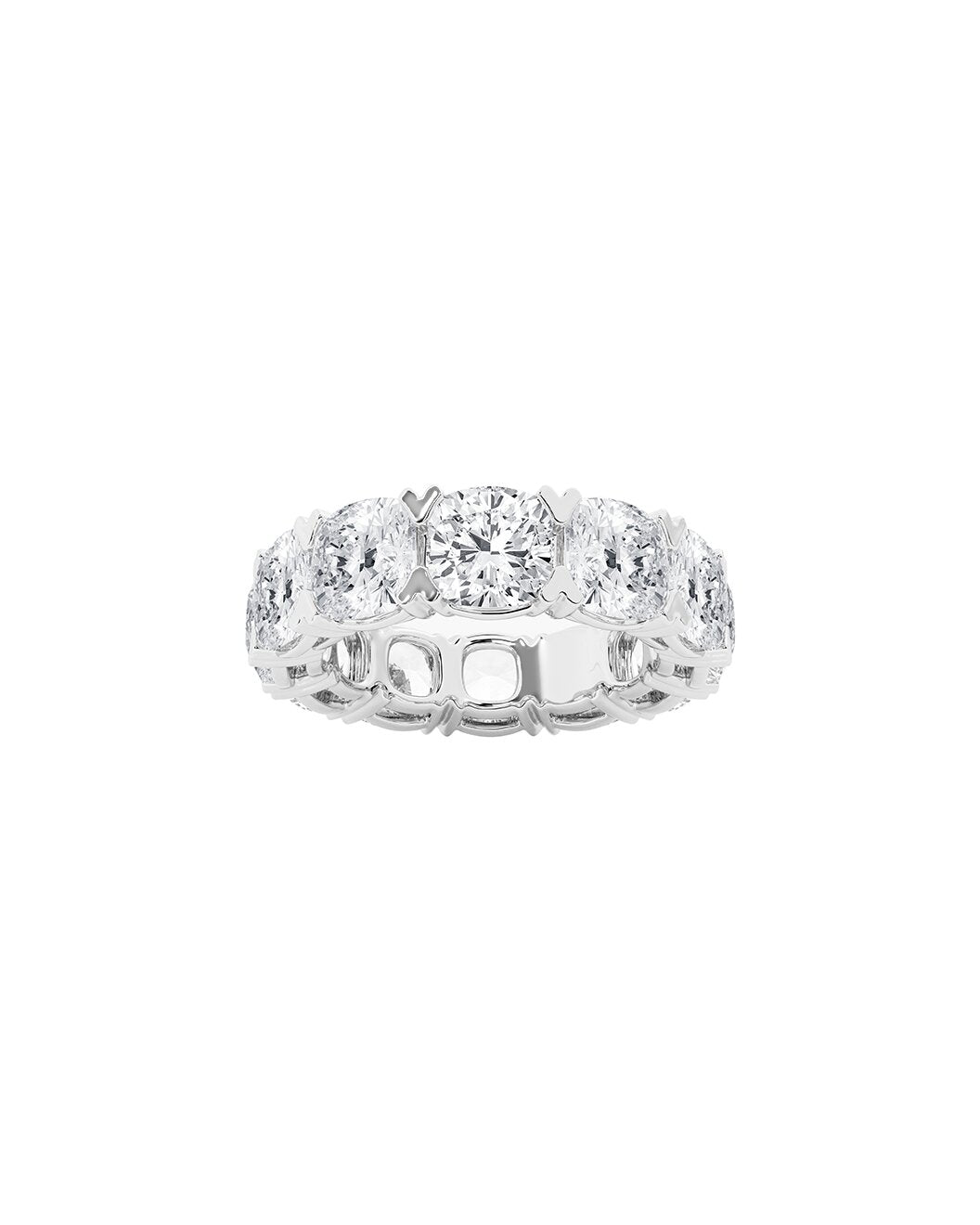 Platinum ring with multiple cushions diamonds on a white background