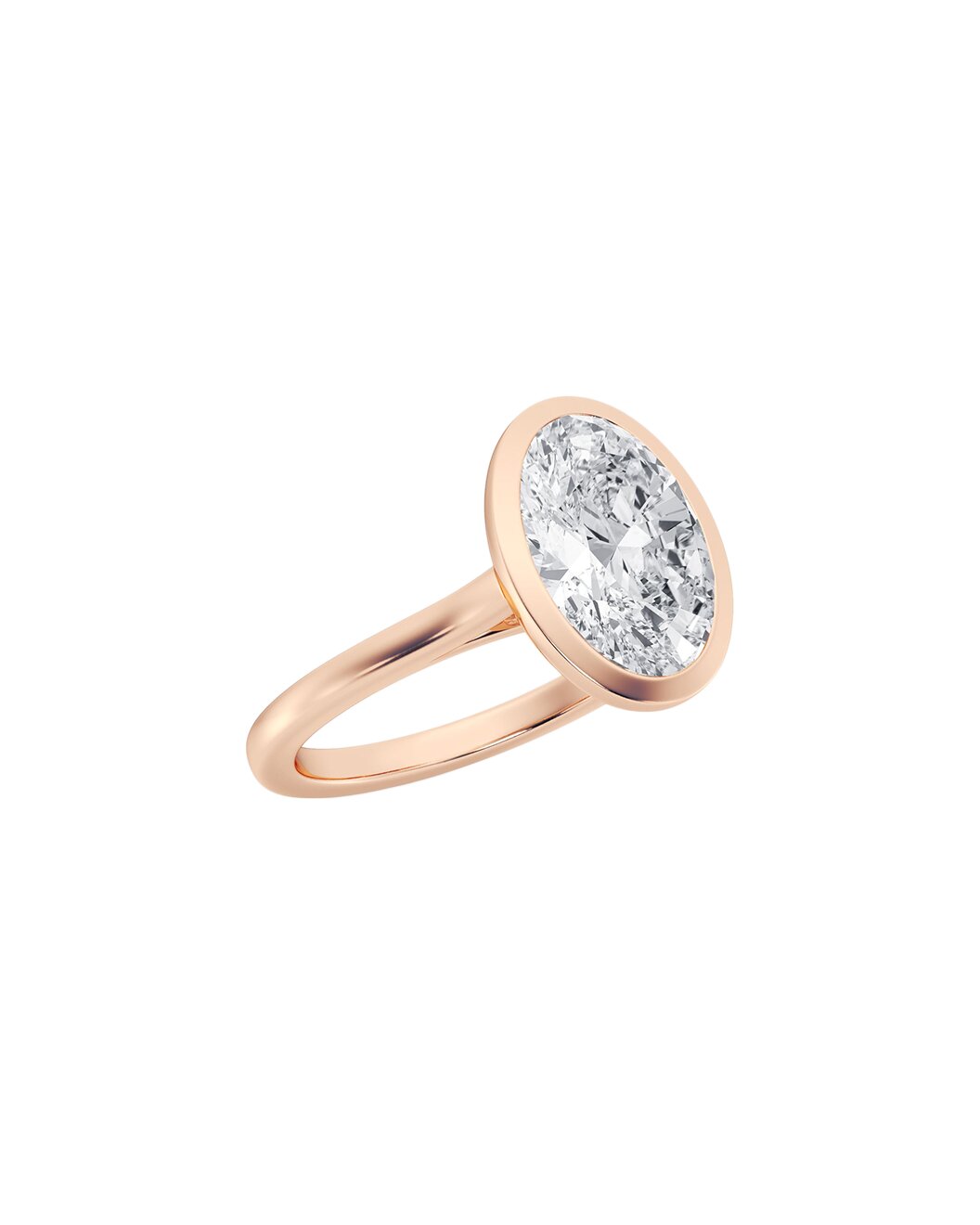 Rose gold ring with an oval diamond on a white background