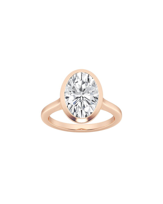 Rose gold ring with a large diamond on a white background