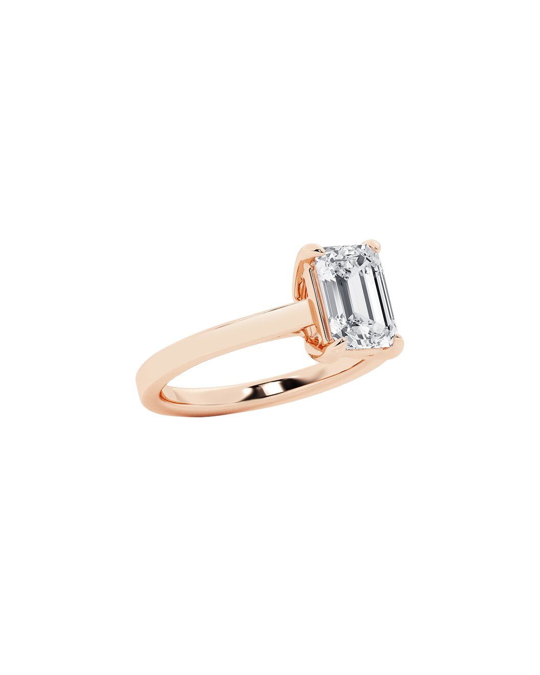 Faceted Emerald Cut Lab Grown Diamond Engagement Ring in 14k Rose Gold Angle