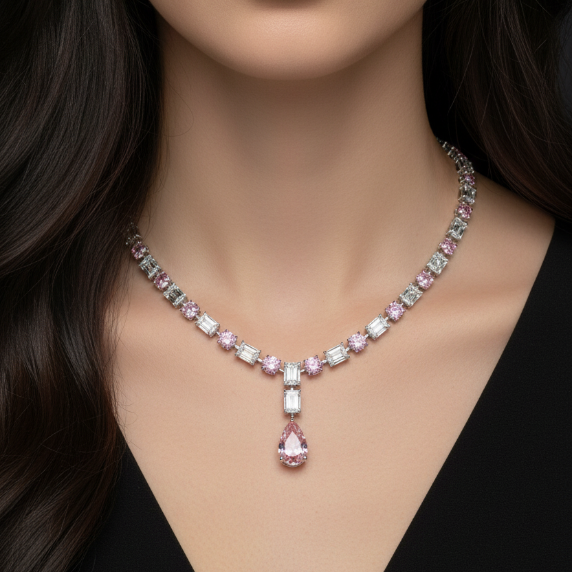 Liorahne 72 Carat Cushion Cut Lab Grown Fancy Intense Pink Diamond Necklace in 14k White Gold IGI Certified Wearing