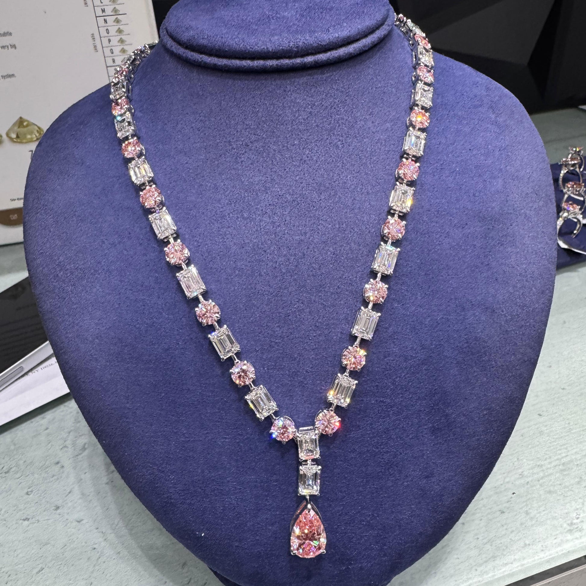 Liorahne 72 Carat Cushion Cut Lab Grown Fancy Intense Pink Diamond Necklace in 14k White Gold IGI Certified Front