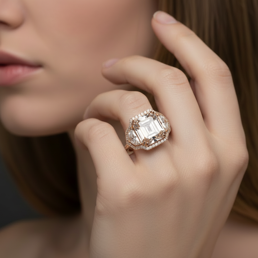 Close-up of a woman's hand wearing a large diamond ring against a neutral background