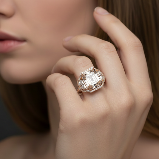 Close-up of a woman's hand wearing a large diamond ring against a neutral background