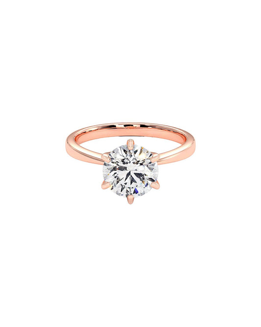 6 prong Rose gold ring with a diamond on a white background