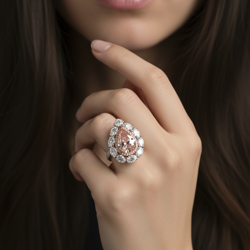 Close-up of a hand wearing a diamond ring with a dark background
