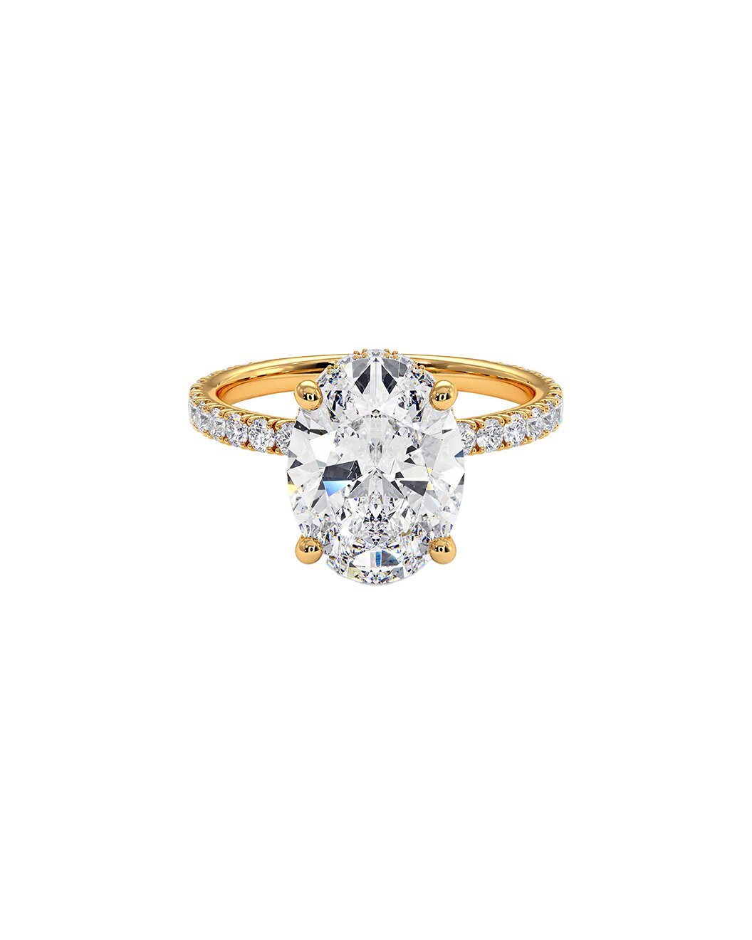 Gold ring with a large oval-shaped diamond on a white background