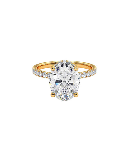 Gold ring with a large oval-shaped diamond on a white background