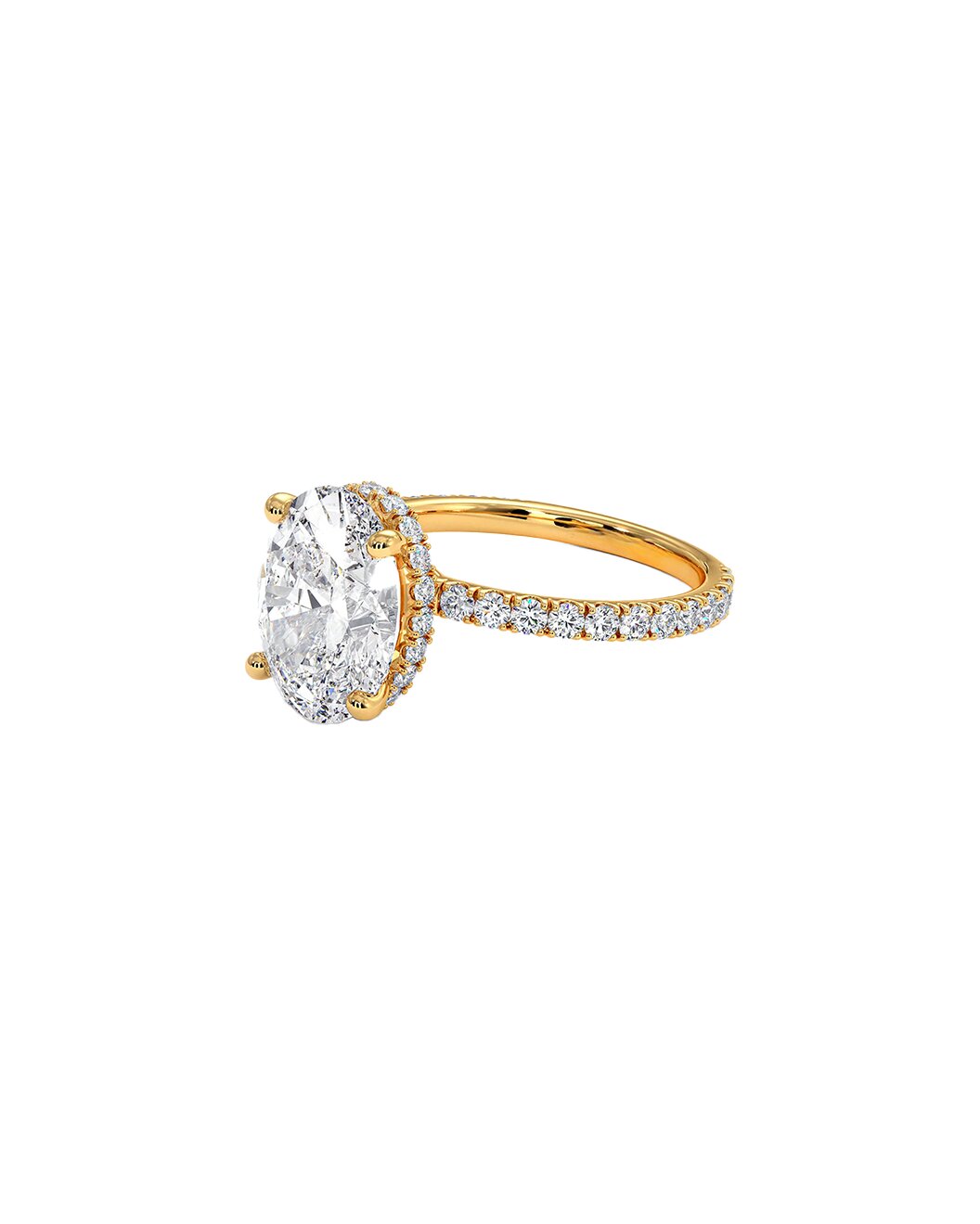 Gold ring with a large oval-shaped diamond and smaller diamonds on the band against a white background