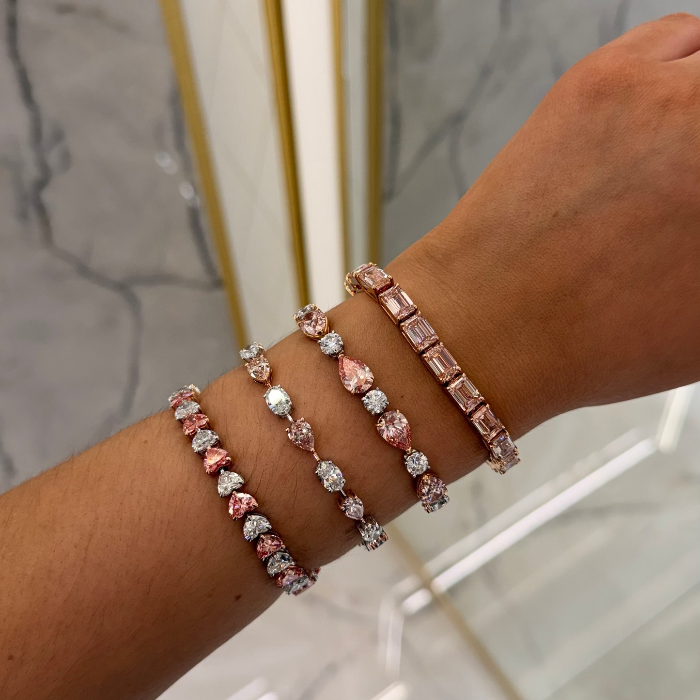 Lirayae 26.11 Carat Pear Shape and Round Cut Lab Grown Pink and White Diamond Bracelet in 18k Gold & Platinum