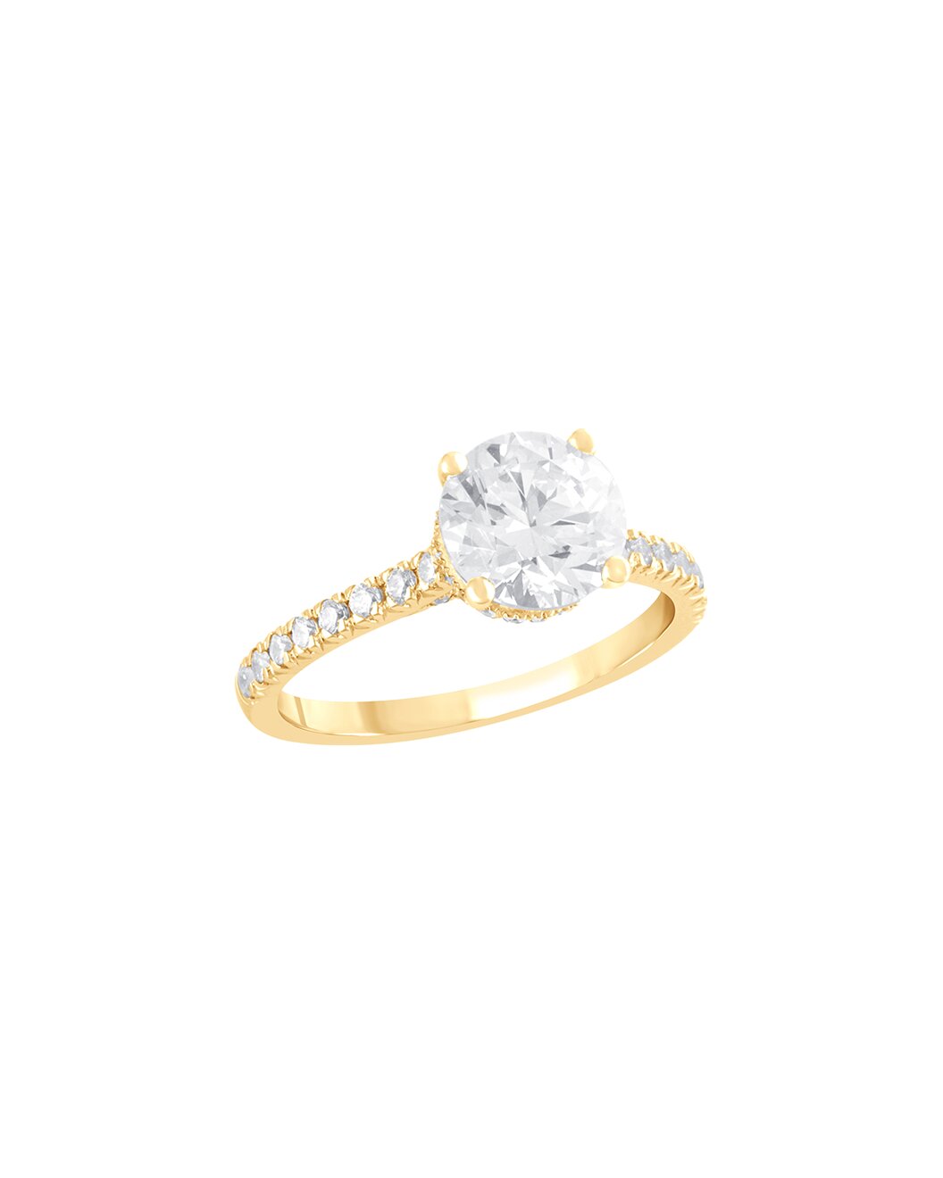 Gold ring with a large diamond and smaller diamonds on the band against a white background