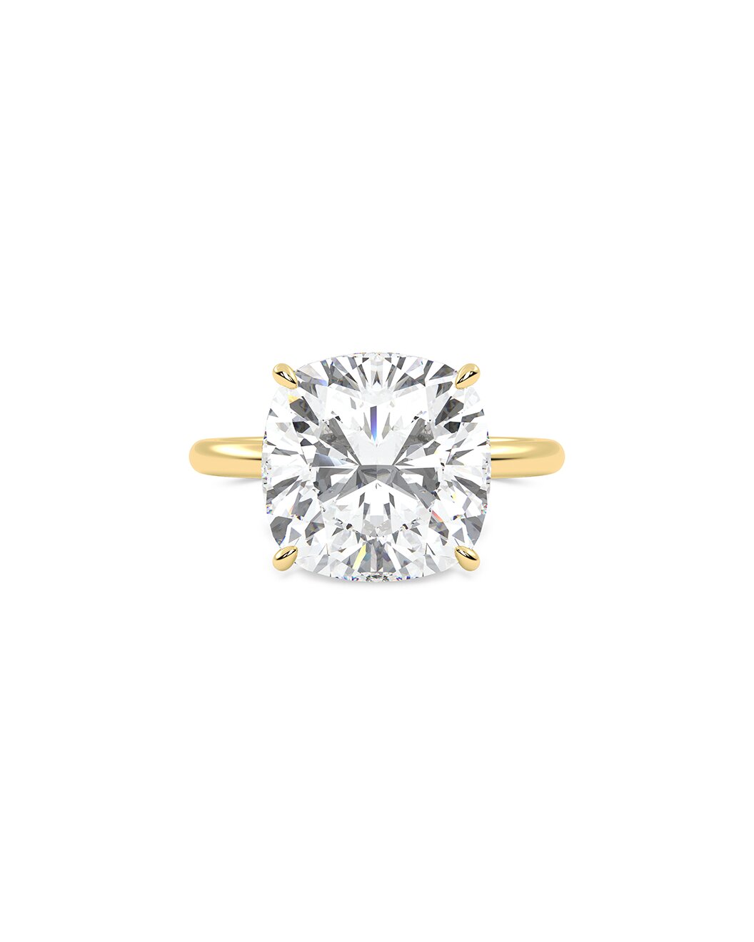 Yellow gold ring with a large diamond on a white background
