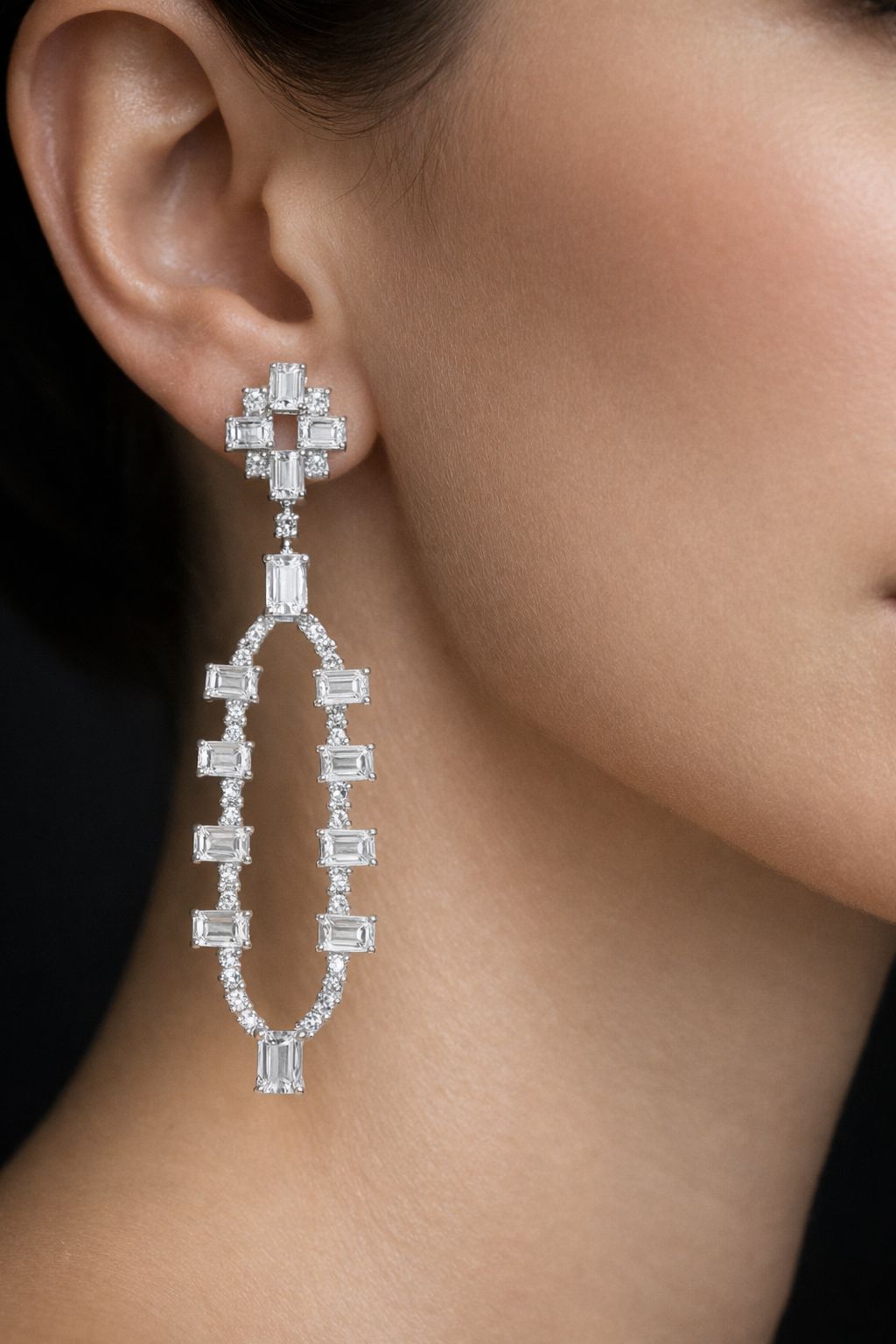 Loise 10 Carats Emerald Cut Geometric Lab Grown Diamond Drop Earrings in 18K White Gold