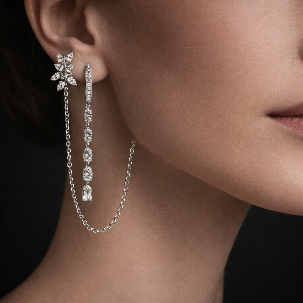 Lonnie 6 Carats Reversable Vine Climber Cut Lab Grown Diamond Drop Earrings in 18K White Gold