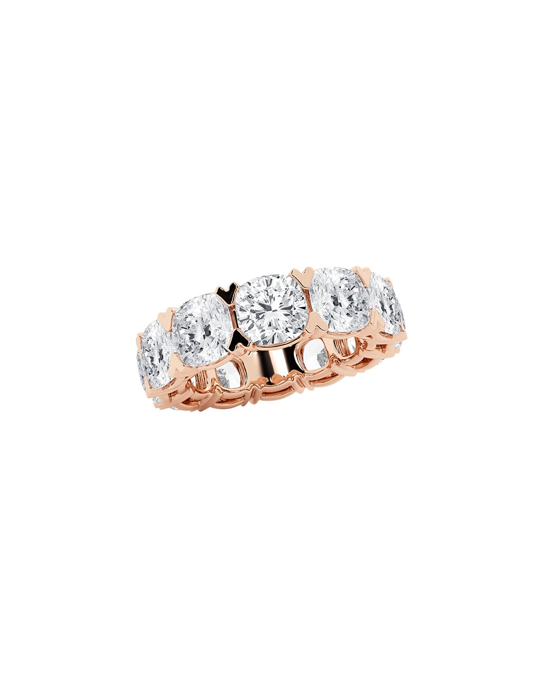 Rose gold ring with multiple cushion shape diamonds on a white background
