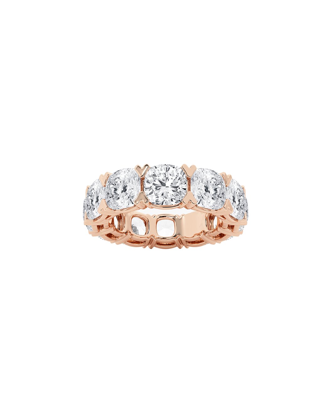 Rose gold ring with multiple cushion diamonds on a white background