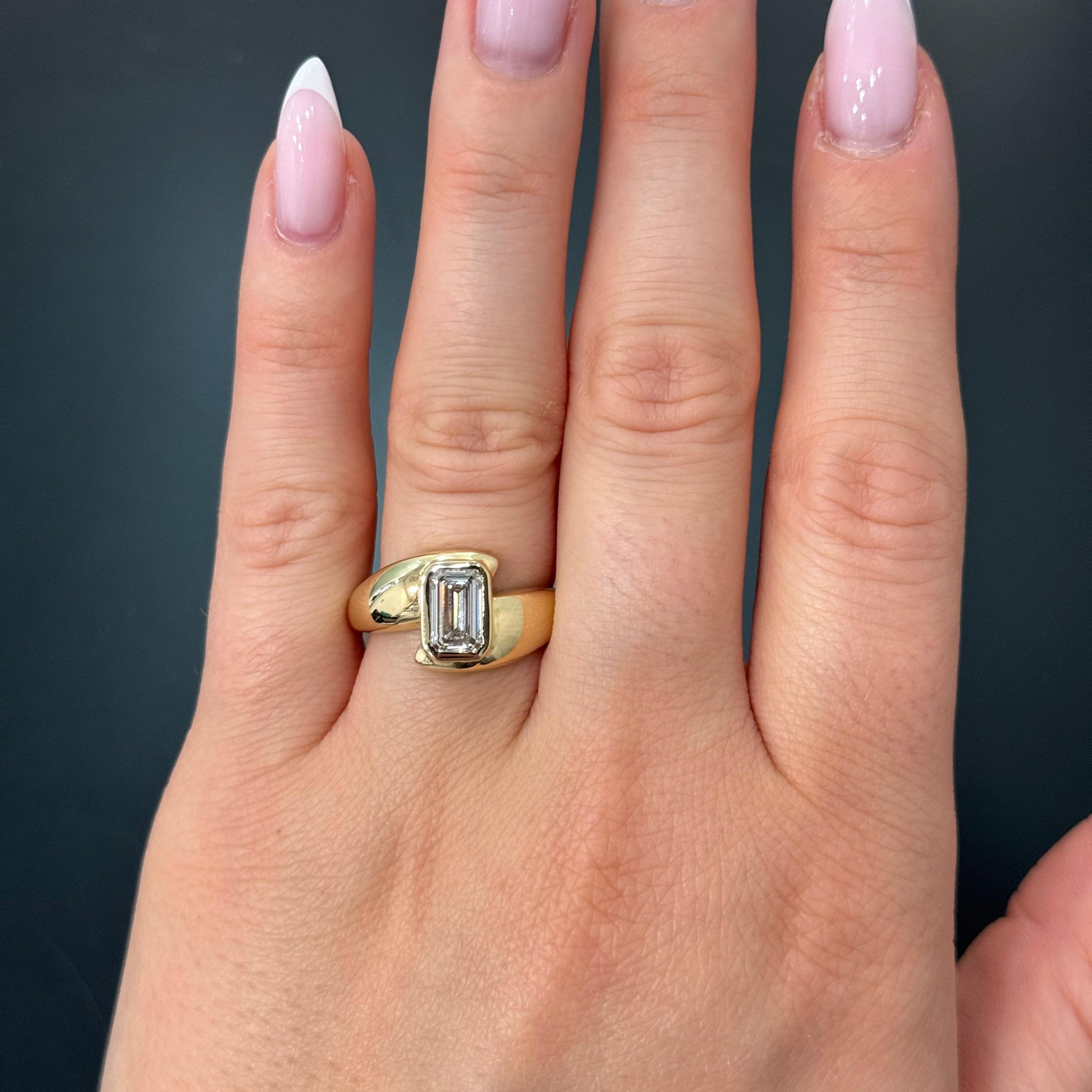 Lorienna 1.13 Carat Emerald Cut Diamond Solitaire Engagement Wide Band in 14k Yellow Gold On Hand