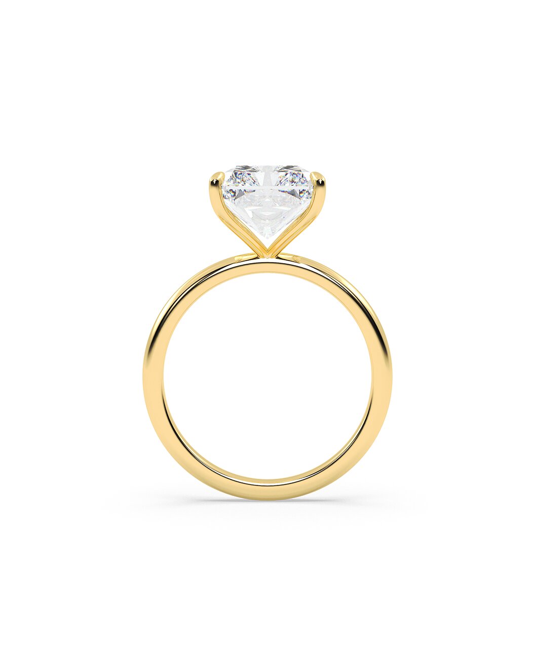 Yellow gold ring with a radiant-shaped diamond on a white background