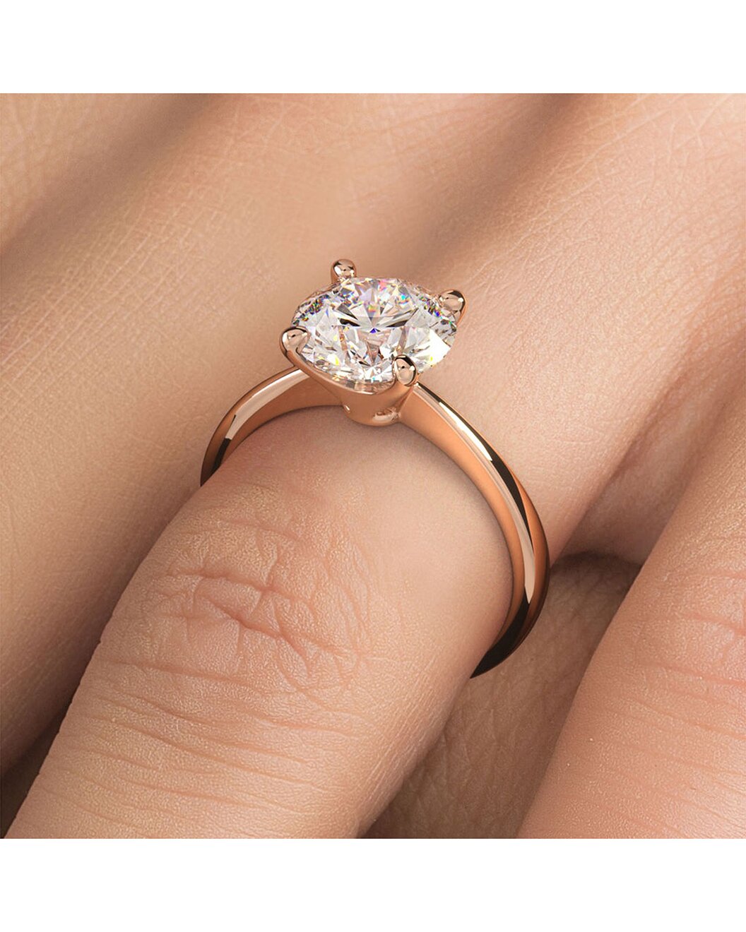 Lovenelle 3 Carat Round Cut Lab Grown Diamond Engagement Ring in 14k Rose Gold on finger