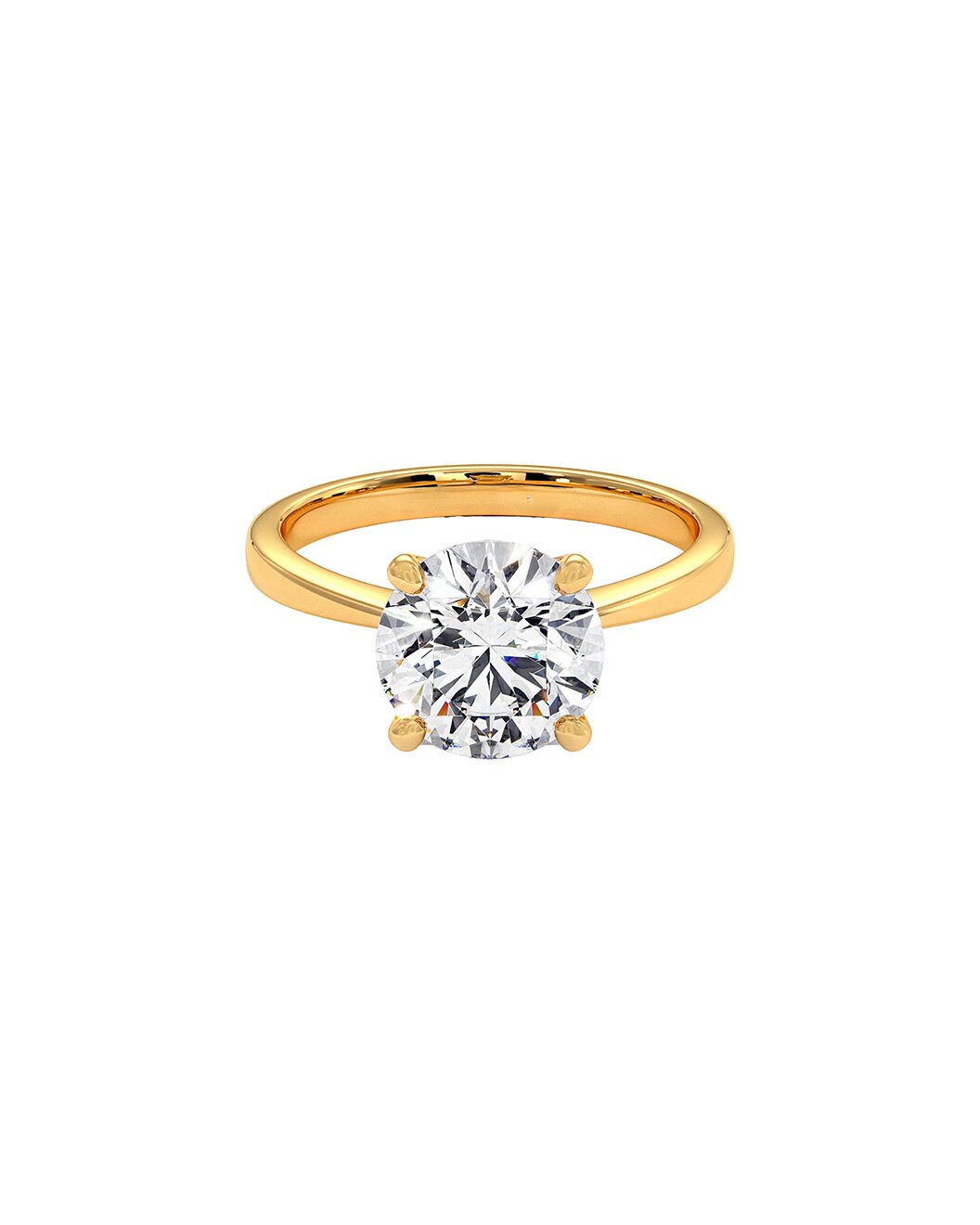 Gold ring with a clear round cut diamond on a white background