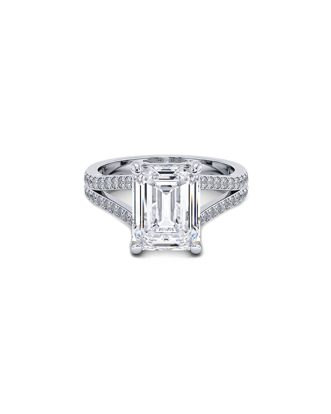 Diamond ring with emerald-cut center stone on a white background