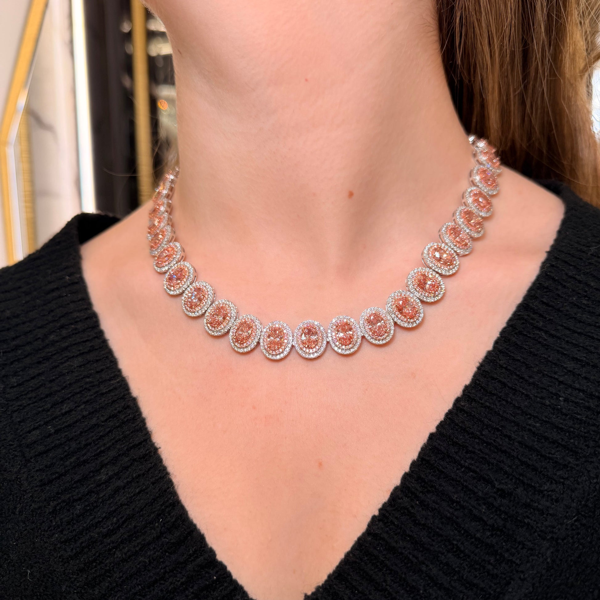 Lucenyae 52 Carat Cushion Shape Lab Grown Pink Diamond Necklace in 14k White Gold On Model