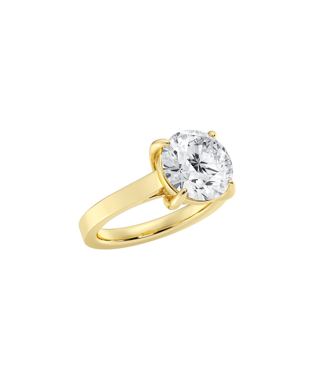 Yellow gold ring with a large diamond on a white background