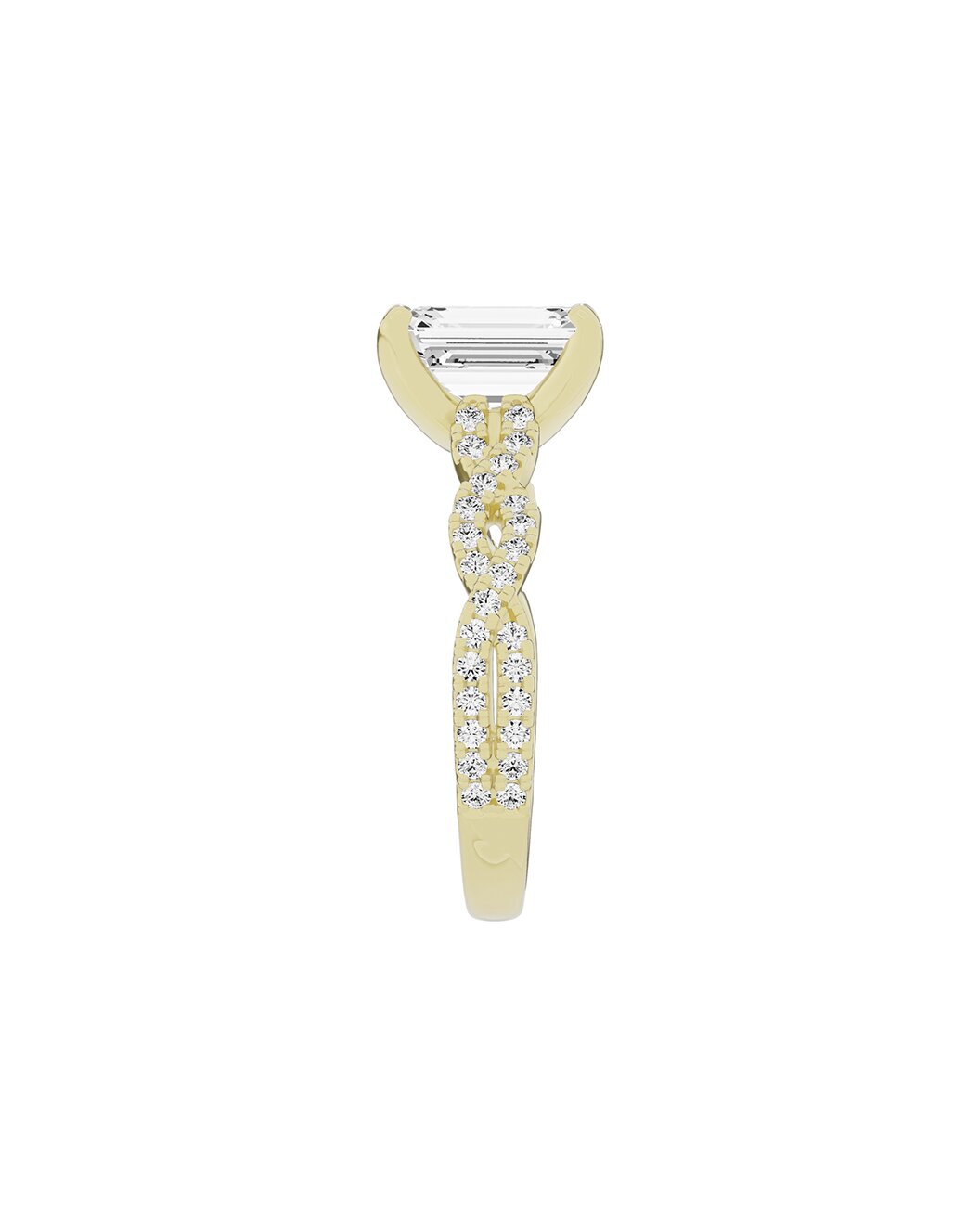 Gold ring with sidestone diamonds on a white background