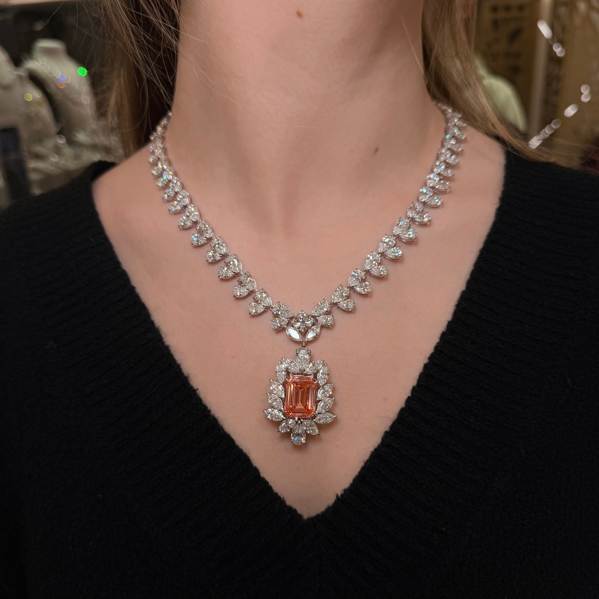 Lumielle 75 Carat Combine Mix Shape Lab Grown Pink Diamond Necklace in 14k White Gold IGI Certified On Model