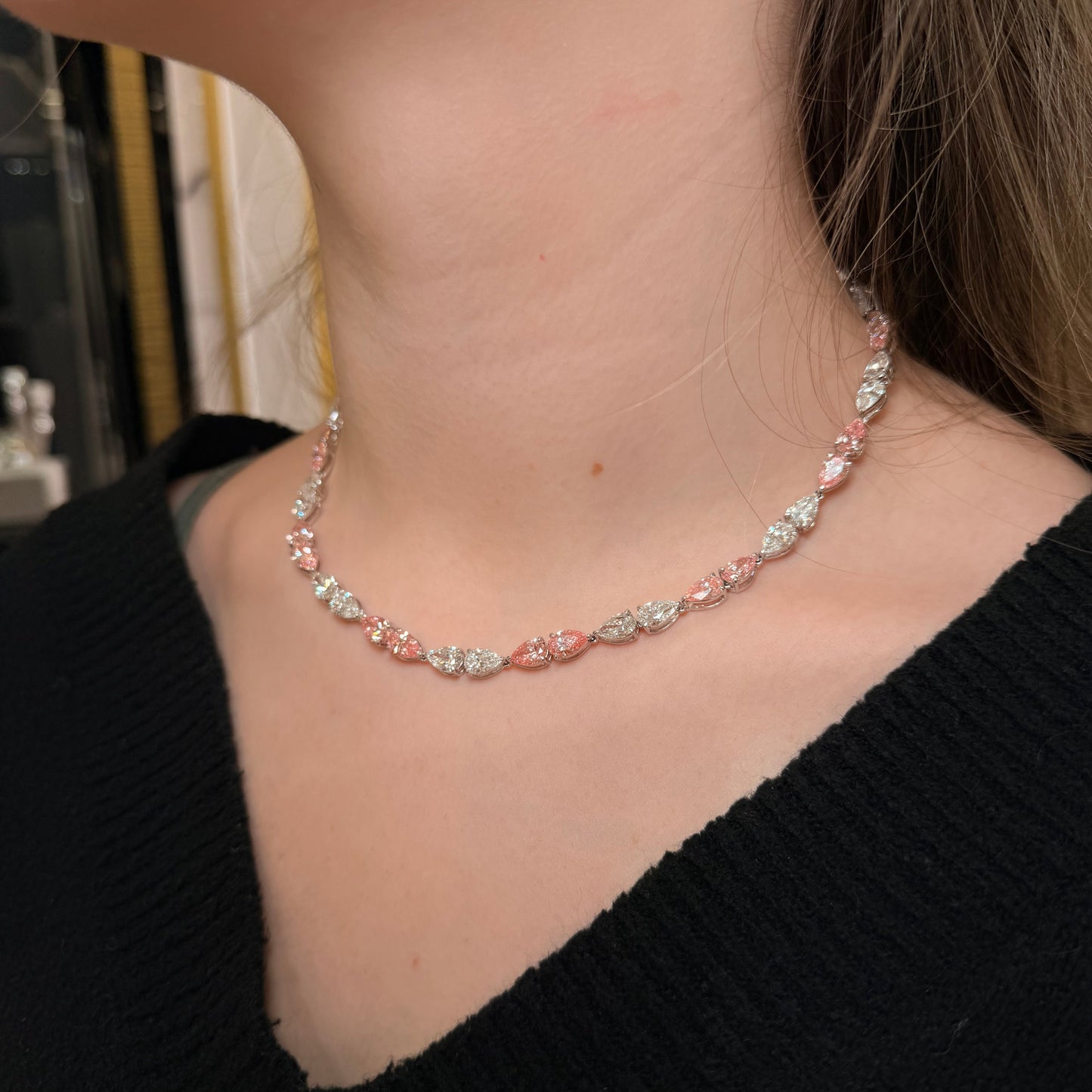 Luminarae 37 Carat Pear Shape Lab Grown Diamond Necklace in 18k White Gold On Model