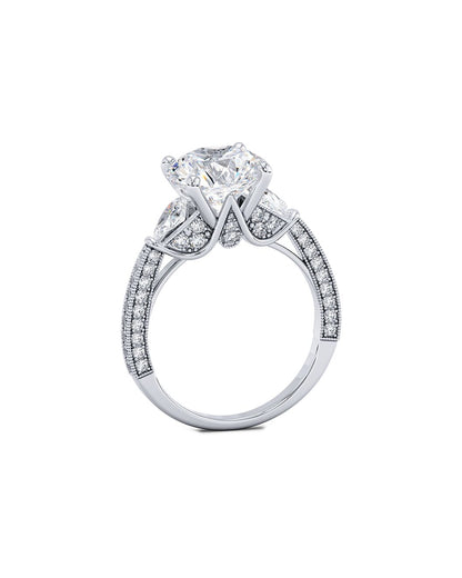 Diamond ring with a central gemstone and smaller diamonds on a white background