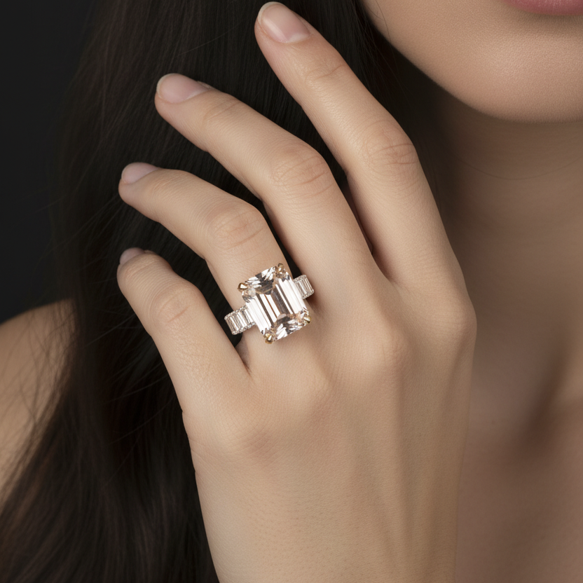 Close-up of a hand wearing a silver ring with a diamond on a dark background