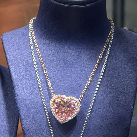 Lunessae 12 Carat Heart Shape Lab Grown Fancy Intense Orangy Pink Diamond Pendant in 18k Yellow Gold