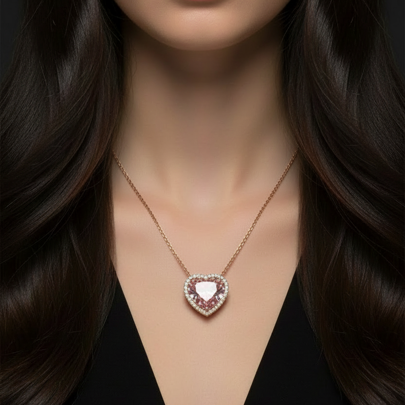 Lunessae 12 Carat Heart Shape Lab Grown Fancy Intense Orangy Pink Diamond Pendant in 18k Yellow Gold