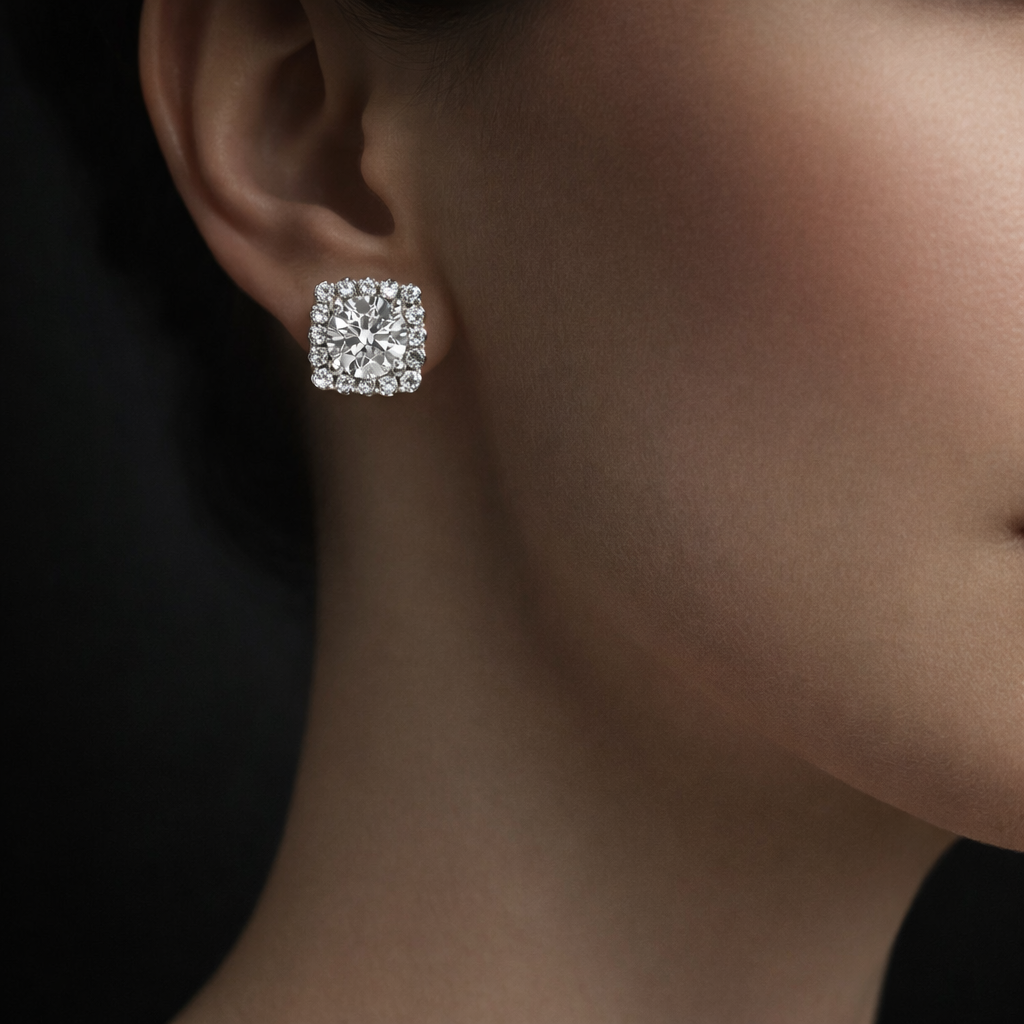 Lya 4 Carats Solitaire Halo Lab Grown Round Diamond Stud Earrings in 18K White Gold