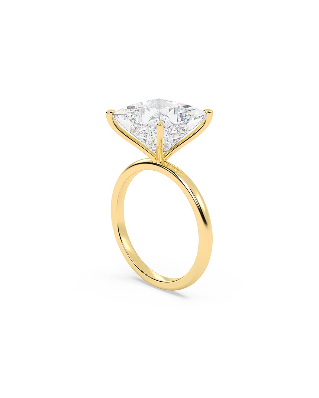 Yellow gold ring with a large princess cut diamond on a white background