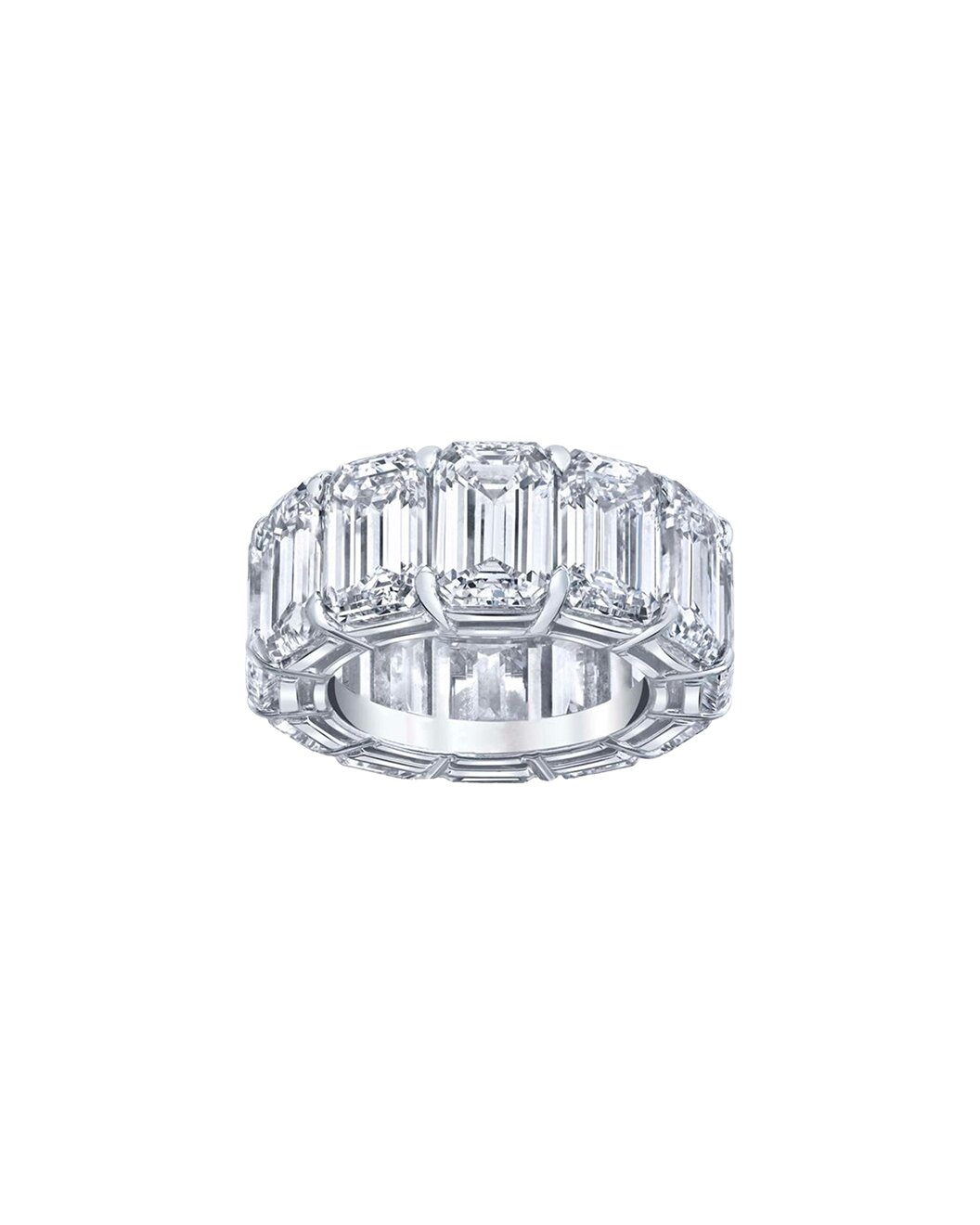 Eternity Band with emerald-cut stones on a white background