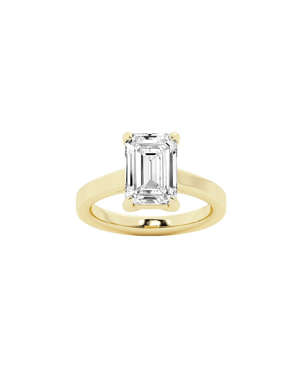 Yellow gold ring with an emerald-cut diamond on a white background