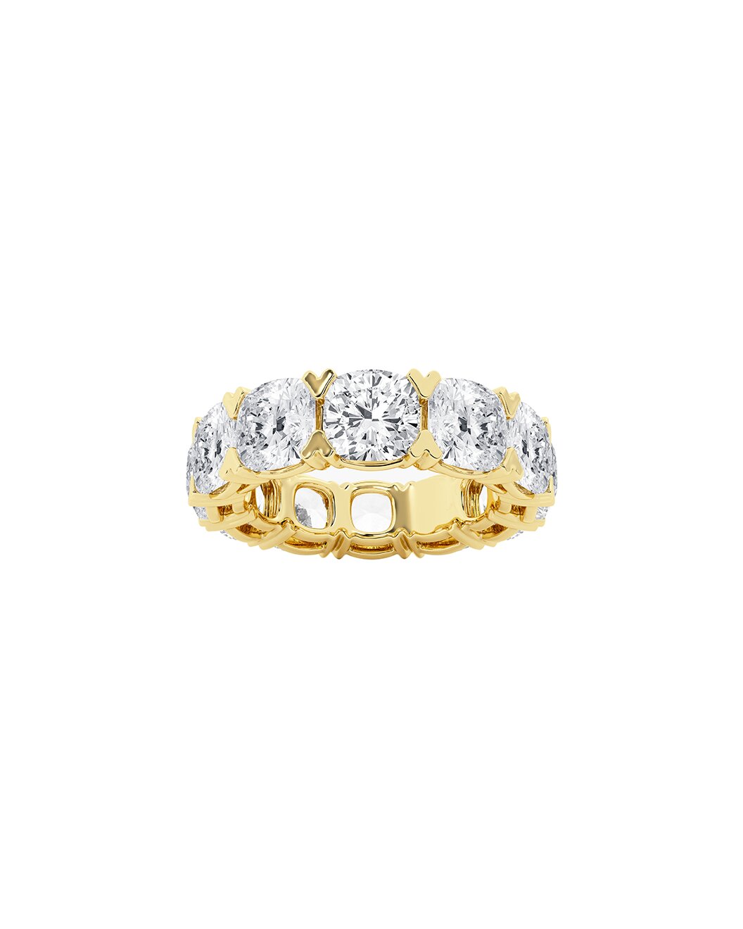Gold eternity ring with cushion diamonds on a white background