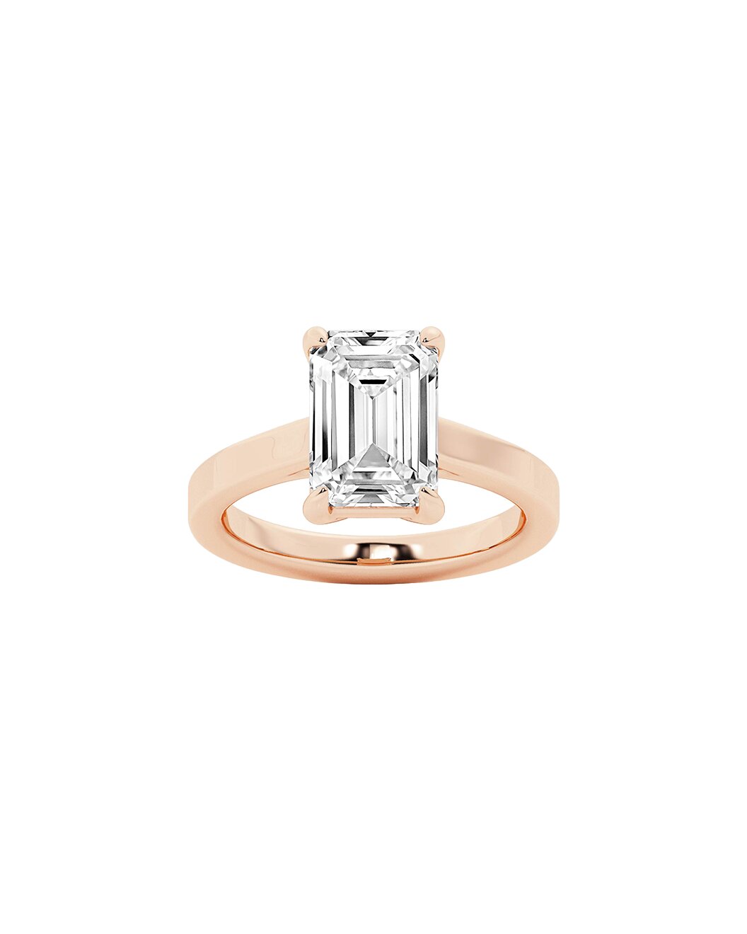 Rose gold ring with a large diamond on a white background
