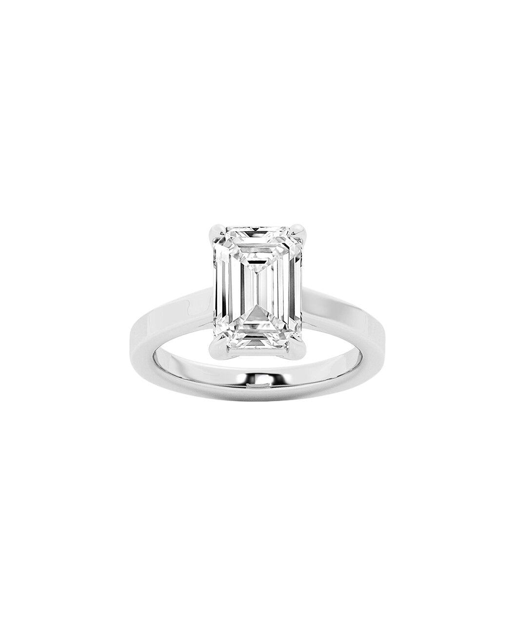Diamond ring with emerald-cut on a white background
